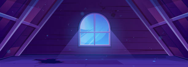 Night abandoned attic broken room vector interior Night abandoned attic broken room interior vector background. Cartoon dark loft inside building with window and moonlight sparkles beam through glass. Hole on floor and wooden wall on desolate mansard interior of old house garret stock illustrations