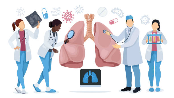 ilustrações, clipart, desenhos animados e ícones de check-up médico do sistema respiratório. anatomia dos pulmões humanos. pneumologia. determinar o diagnóstico. tratamento da doença. inspeção interna de órgãos. - inhaling human lung problems anatomy