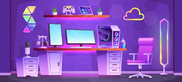Vector illustration of Neon teen streamer room interior with desk and pc