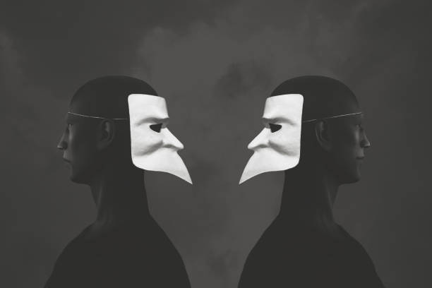 Two men from behind with masks, surreal lies concept