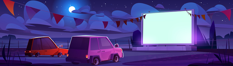 Night drive in outdoor cinema parking illustration. Theater festival with garland for auto on big screen. Air entertainment event for watching film in car outside in summer. Modern video performance