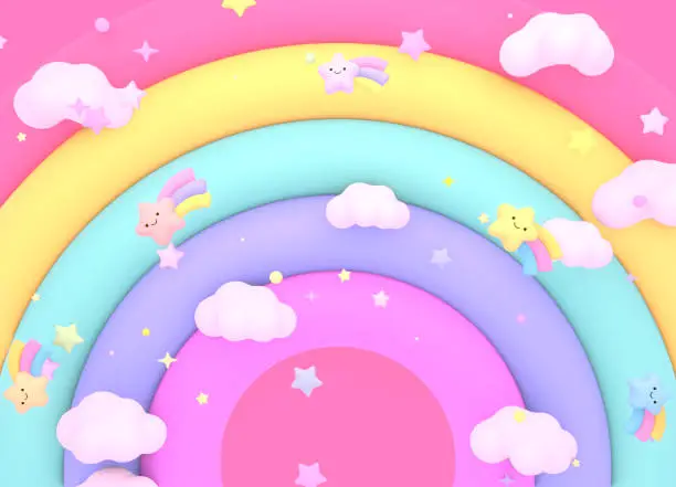 3d rendered kawaii rainbow stars and clouds sky.