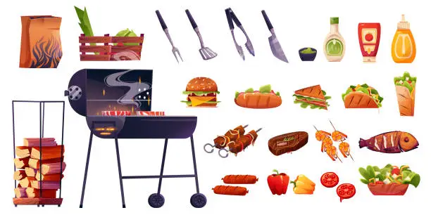 Vector illustration of Cartoon bbq grill set for picnic with meat, fish