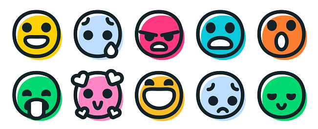 Vector illustration of a collection of cute and colorful emoticons depicting ten essential human emotions.