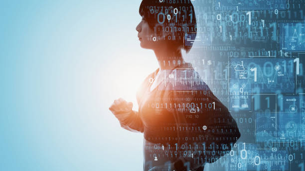 istock Running woman and Digital transformation concept. Improvement. 1532843914