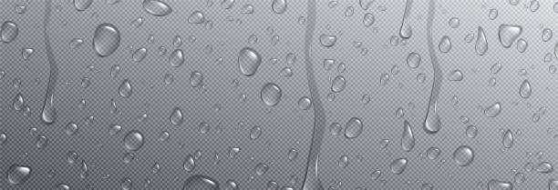 Realistic condensation water tears, vector droplet Realistic condensation water drops. Vector droplet on window transparent background. 3d clear glass drop steam texture set. Liquid wet surface png illustration with white reflection design macro view. rain drop stock illustrations