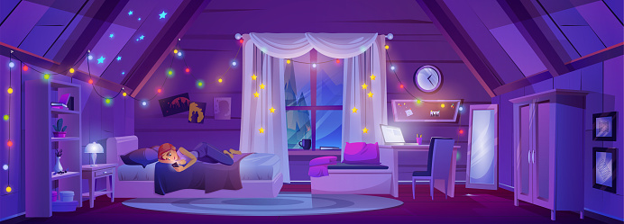 Night attic bedroom interior and girl lying with smartphone cartoon background. Garland light, student desk, mirror and bed in dark girly mansard room cartoon scene with forest view from window.