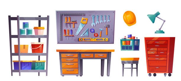 Workshop room interior in garage, tool storage Workshop room interior in garage or basement set. Isolated carpentry tool storage on white background. Shelf and board with equipment, box in engineer storeroom. Canister and old rack collection old carpenter tools cartoon stock illustrations