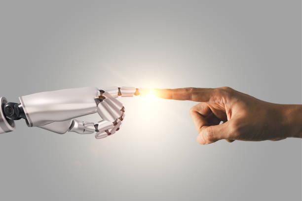 istock Business man and robot hand touching with flare light. AI artificial intelligence concept, big data, science, innovation technology, cloud computing, futuristic, internet network communication 1532850313