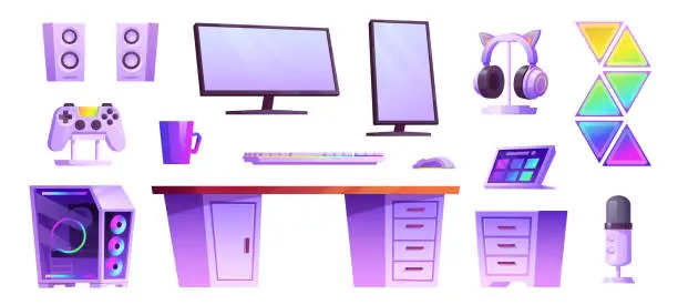 Vector illustration of Isolated game computer streamer room interior set