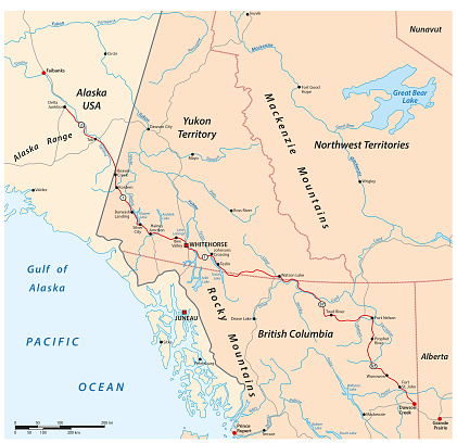 Vector road map of the Alaska Highway from Delta Junction to Dawson Creek, Canada, USA