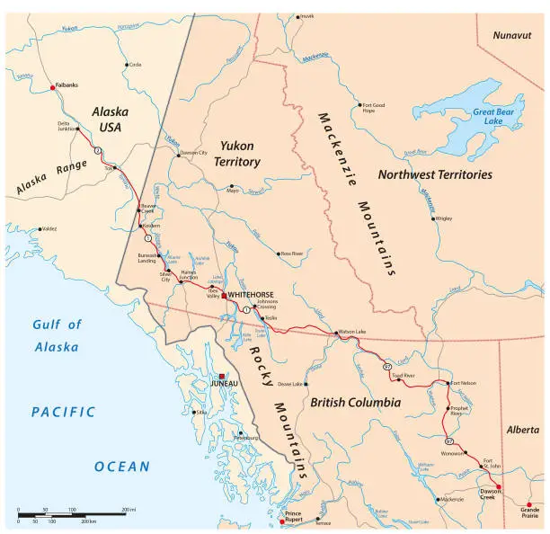 Vector illustration of Vector road map of the Alaska Highway from Delta Junction to Dawson Creek, Canada, USA