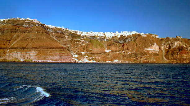 bottom view of the white village on the cliff
