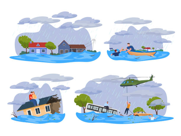 ilustrações, clipart, desenhos animados e ícones de equipes de resgate de áreas de inundação que ajudam a retirar pessoas de danos causados por desastres definem ilustração plana do vetor - evacuação e relocação