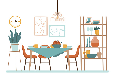 Dining room with covered breakfast on the table. Table, chairs, shelving, flower, crockery. The cooked breakfast is on the table. Flat vector illustration.