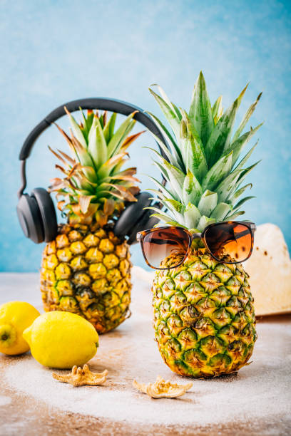 concepto de verano - piña hipster en gafas de sol y auriculares con melón alen limones, arte creativo concepto de vacaciones de moda - tourist resort audio fotografías e imágenes de stock