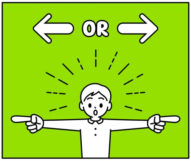 Vector illustration of Which way? Right or left? A boy points to both the right and the left and asks, looking at the viewer, with a minimalist style, black and white outline