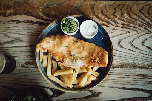 Image of fish and chips (cod), elevated view