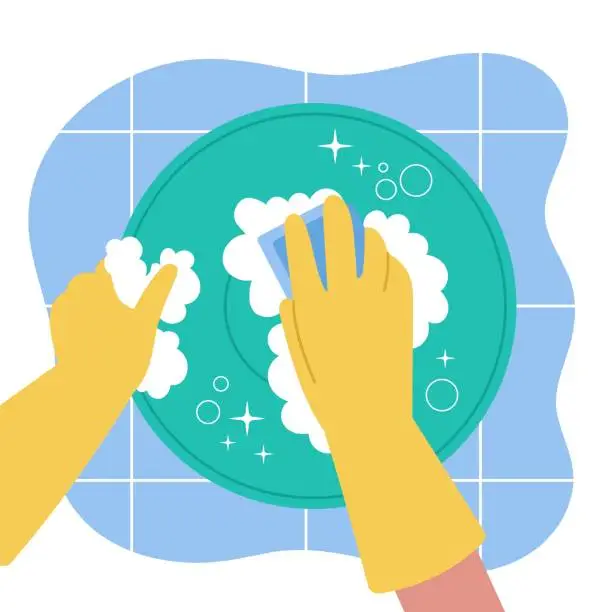 Vector illustration of Cleaning food plate, clean dish in kitchen sink with foam. Hands in rubber gloves with sponge, house work. Crockery detergent decent vector scene