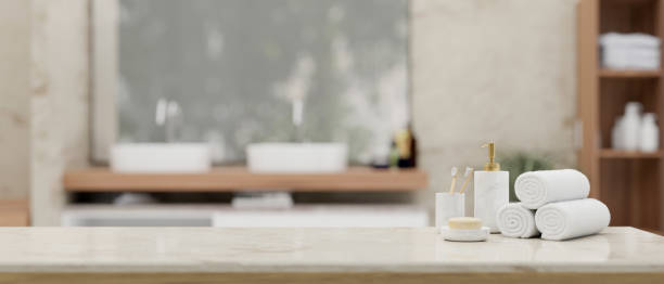 istock Copy space on a luxury white marble tabletop with toiletries in a beautiful bathroom. 1532954686