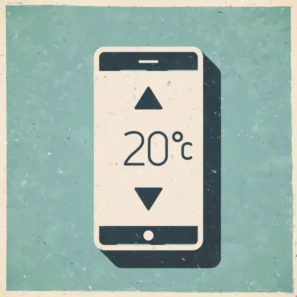 Vector illustration of Smartphone with heating control. Icon in retro vintage style - Old textured paper