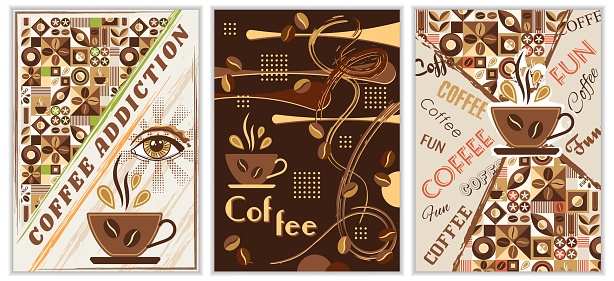 Set of coffee themed vertical A4 poster with coffe cup, abstract shapes in simple geometric bauhaus style For branding, decoration of food package, cover design, decorative print, background, wall art
