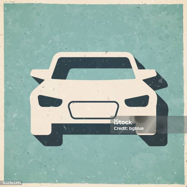 Mobil Tampak Depan Ikon Dalam Gaya Vintage Retro Kertas Bertekstur Lama