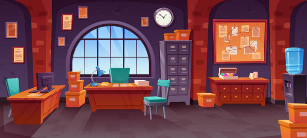 Police detective office interior with furniture Police detective office interior with furniture. Vector cartoon illustration of room with investigation pinboard on wall, boxes with criminal case evidence, computers on desks, chairs, donuts on table detective map stock illustrations