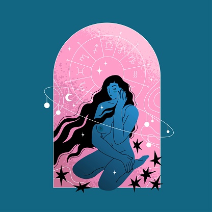 Naked longhaired girl sitting with her eyes closed. Surrounded by stars and a circle with zodiac signs. Astrological illustration. Design for tarot cards and horoscope compilers. Vector illustration.