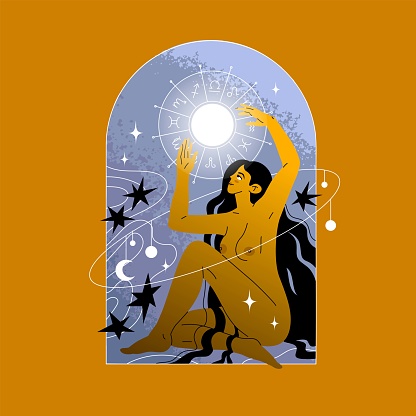 Nude girl surrounded by stars. Interacts with the circle of zodiac signs. Astrological illustration concept. Design for tarot cards and horoscope compilers. Women's naturalness. Vector illustration.