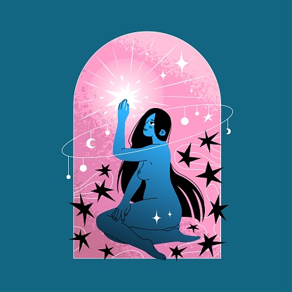 Nude sitting long-haired girl. Surrounded by stars, looking and touching a luminous star. Astrological illustration concept. Design for tarot cards and horoscope compilers. Vector illustration.