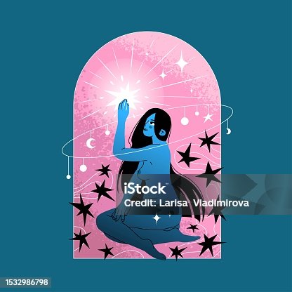 istock Nude sitting long-haired girl. Surrounded by stars, looking and touching a luminous star. Astrological illustration concept. Design for tarot cards and horoscope compilers. Vector illustration. 1532986798