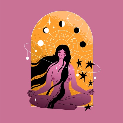 Nude girl surrounded by the moon in different stages of illumination. Astrological illustration concept. Design for tarot cards and horoscope compilers. Vector illustration in flat style.