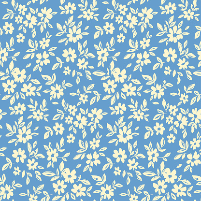 Seamless floral pattern, liberty ditsy print with pretty sketch botany. Artistic botanical design: small hand drawn white flowers, tiny leaves on a blue background. Vector illustration in two colors.