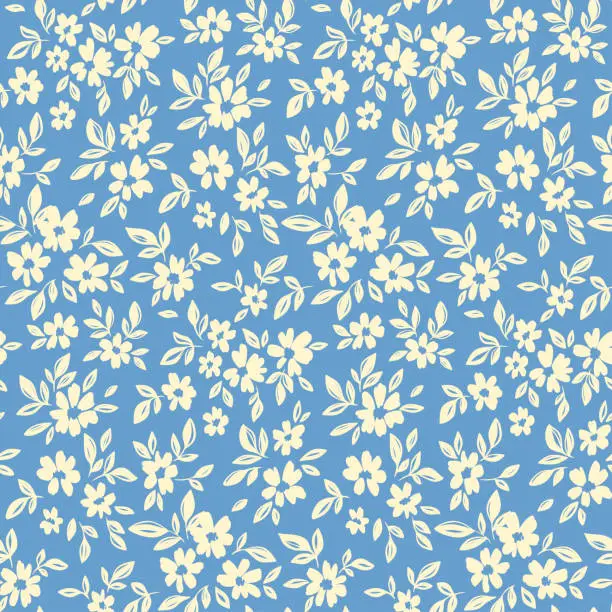 Vector illustration of Seamless floral pattern with small sketch plants: white flowers, leaves on a blue background. Vector illustration.
