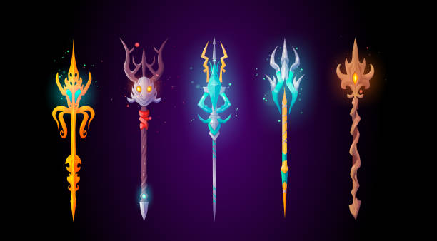 Magic staff icon, devil trident and spear cartoon Magic staff icon. Devil trident and spear cartoon fantasy ui set. Gold mythology pitchfork for demon illustration. Magician blue neptune weapon with arrow isolated. Warlock lance for game interface cartoon of the devils pitch fork stock illustrations