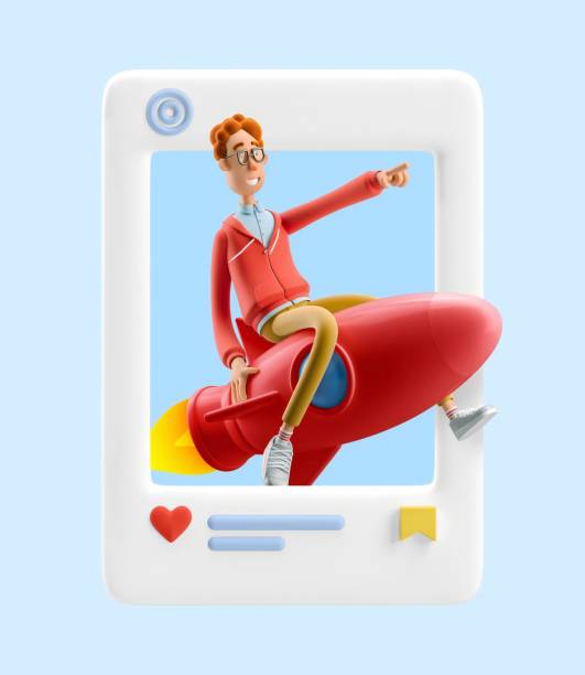 istock 3d illustration. Social media concept. Nerd Larry is flying on a rocket. 1533005256