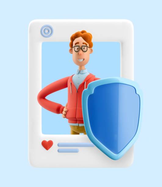 istock 3d illustration. Social media concept. Nerd Larry with shield. 1533005260