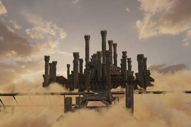 3D rendering of medieval castle over golden clouds