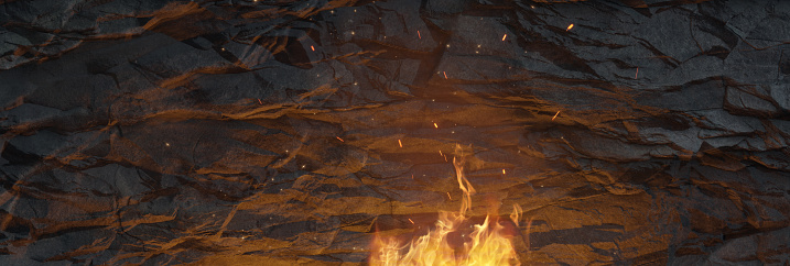 3d rendering of cliff wall illuminated by bonfire