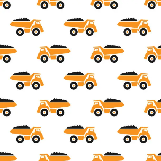 Vector illustration of Large orange mining dump trucks isolated on white background. Seamless pattern. Vector simple flat graphic illustration. Texture.