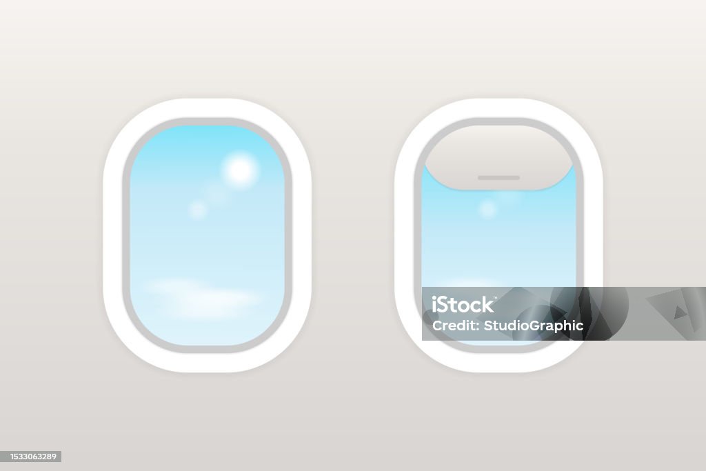 Aircraft Window Design Realistic Detailed 3d Airplane Window With Blue Sky View Set Vector ...