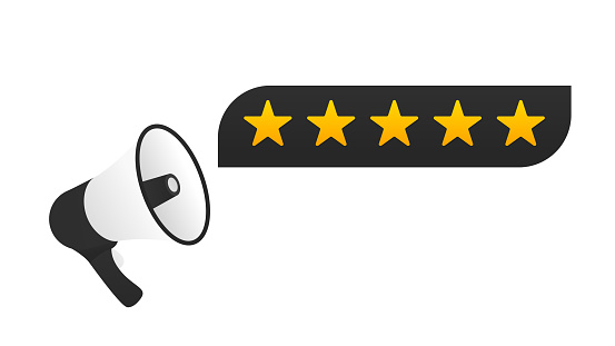 Megaphone speaker for announce promotion. Customer feedback message frame. Propaganda equipment banner. Offer promotion bubble with megaphone. 3d rating stars icon. Vector illustration