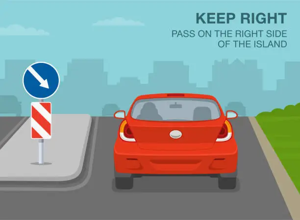 Vector illustration of Safe driving tips and traffic regulation rules. Keep right, pass on the right side of the island or obstruction. Back view of a traffic flow on a city road.