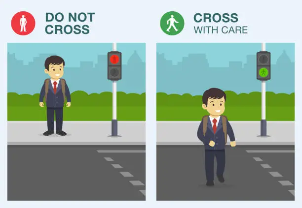 Vector illustration of Rules for pedestrians. The meaning of traffic light signals. School kid walking across pedestrian crossing. Road safety rules for school children.