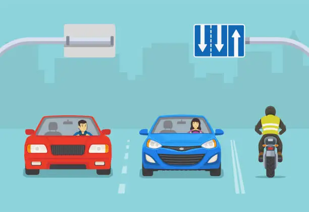Vector illustration of Safety car driving. Lane direction and the number of lanes on the road sign meaning. Front and back view of sedan cars and motorcycle on a blue background.