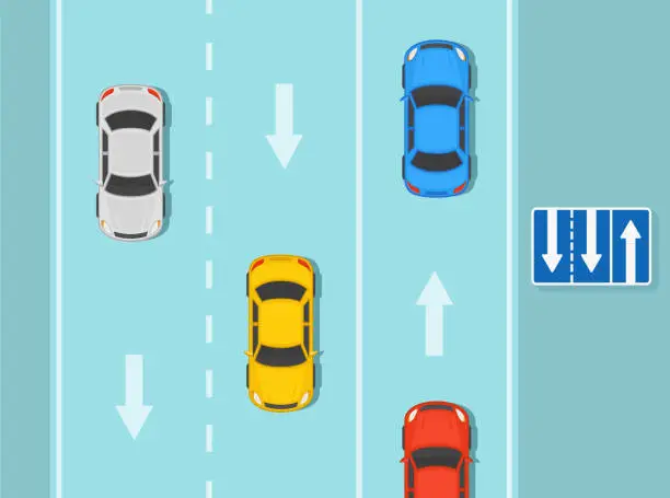 Vector illustration of Safety car driving rules and tips. Lane direction and the number of lanes on the road sign meaning.