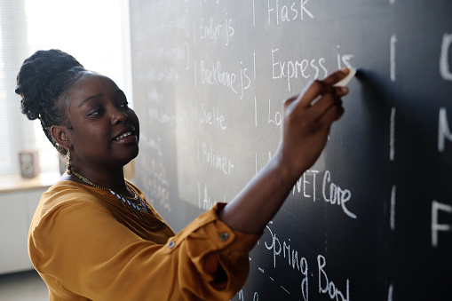 African American teacher standing near the blackboard and teaching IT material at lesson
