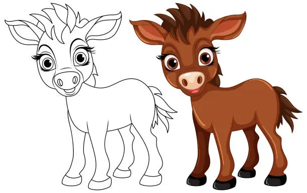 Vector illustration of Cute horse cartoon animal and its doodle coloring character