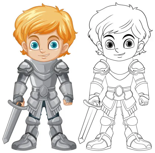 Vector illustration of Cartoon knight boy cartoon character with doodle outline for colouring